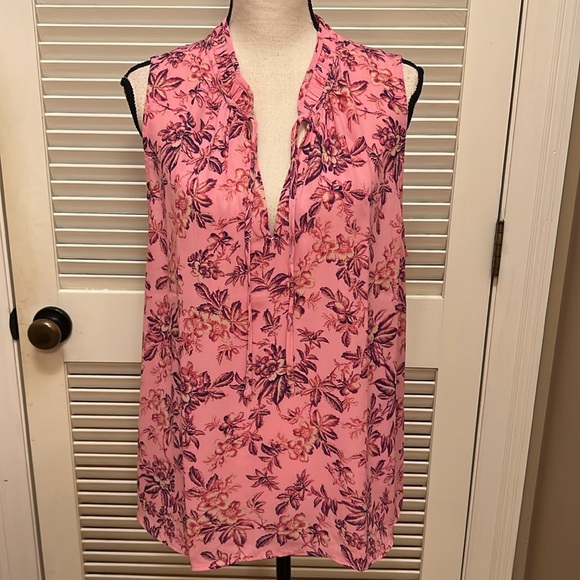 Loft Vine Shirred Tie Neck Mixed Media Shell in Floral, Shades of Pink, Size XL - Picture 4 of 17